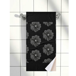 "Illustrated Flower in Black Grey Pattern" Bath Towel