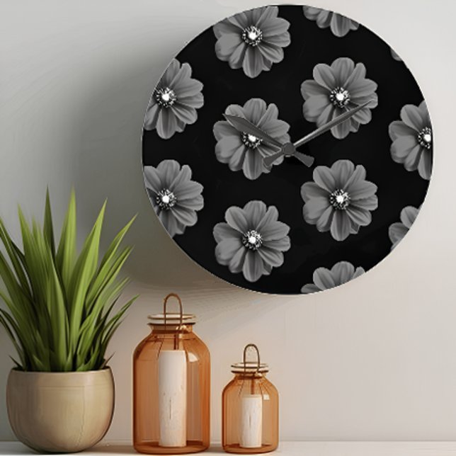 "Illustrated Flower in Black Grey Pattern" Large Clock (Creator Uploaded)