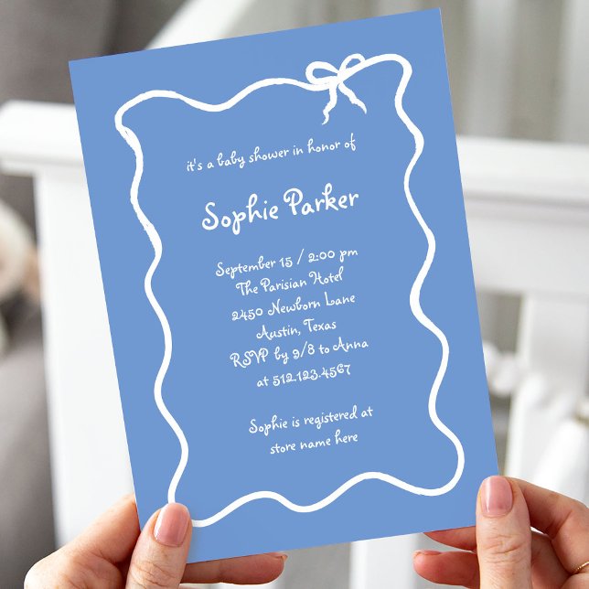  Illustrated French Bow Blue and White Baby Shower Invitation (Creator Uploaded)