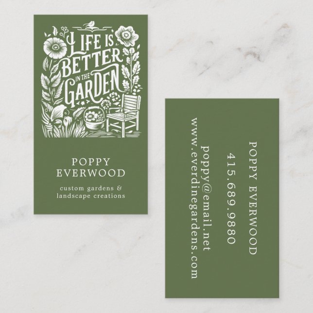 Illustrated Gardener Landscaper Green Business Card (Front/Back)