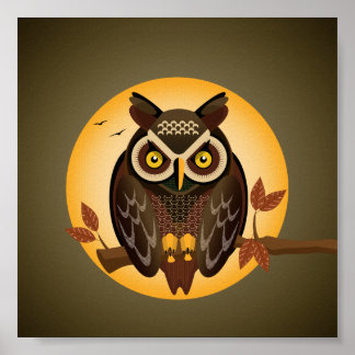 Illustrated geometric owl at night stood on branch poster