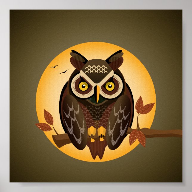 Illustrated geometric owl at night stood on branch poster (Front)