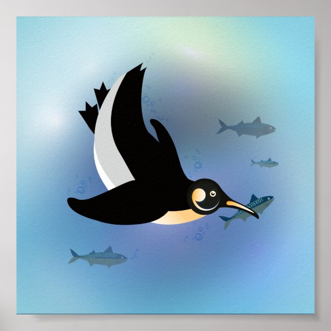 Illustrated geometric penguin swimming for fish poster (Front)
