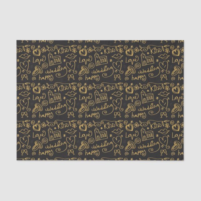 Illustrated Gold and Black Wedding Doodles Tissue Paper (Front)