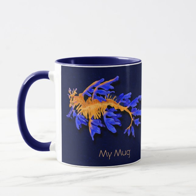 Illustrated Gold & Blue Leafy seadragon Mug (Left)