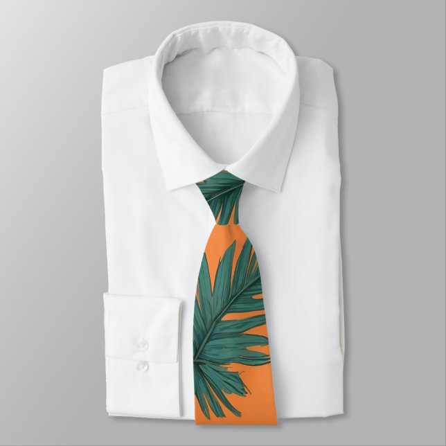 Illustrated Green & Orange Palm Tree Leaf Pattern Tie (Tied)