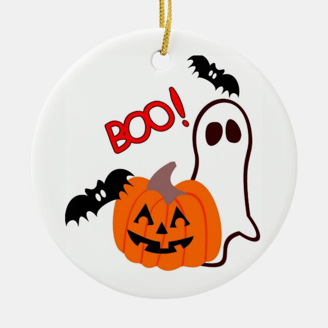 Illustrated Halloween Ghost and  Pumpkin Ceramic Ornament (Front)