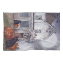 Illustrated Halloween Hauted House with Black Cat