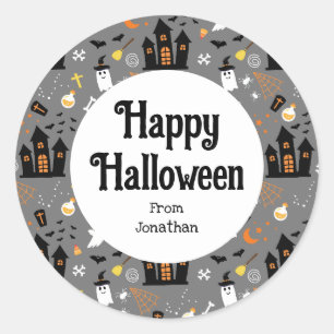 Illustrated Halloween Pattern with grey, black Classic Round Sticker