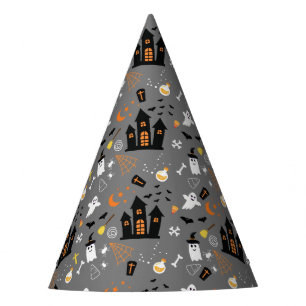 Illustrated Halloween Pattern with grey, black  Party Hat
