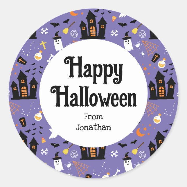 Illustrated Halloween Pattern with purple Classic Round Sticker (Front)
