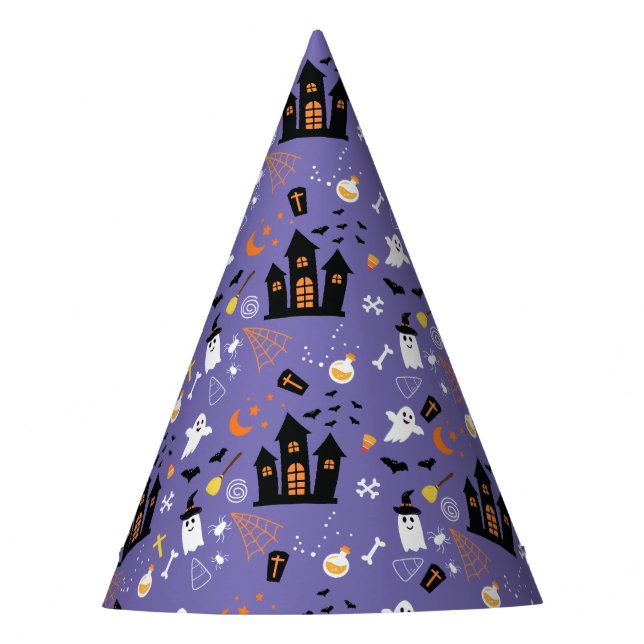 Illustrated Halloween Pattern with purple Party Hat (Front)