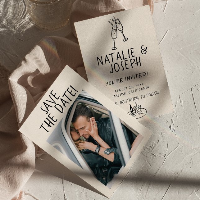 Illustrated Handwritten Retro Quirky Photo Wedding Save The Date (Creator Uploaded)