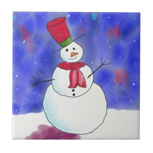 Illustrated Happy Snowman Christmas Ceramic Tile