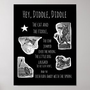 Illustrated Hey Diddle Diddle Nursery Rhyme  Poster