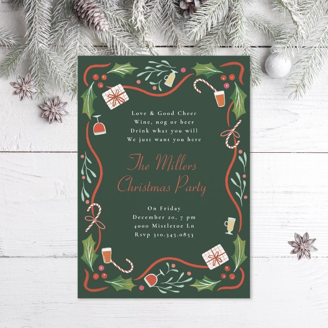 Illustrated Holly Christmas Frame Holiday Party Invitation (Creator Uploaded)