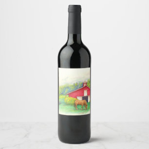 Illustrated Horse Red Barn and Sunflower Wine Label
