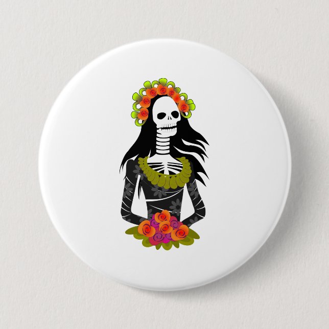 Illustrated La Catarina for Day of the Dead 7.5 Cm Round Badge (Front)