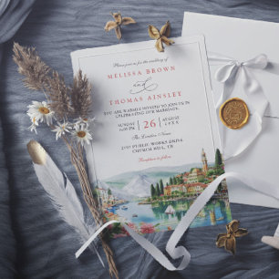 Illustrated Lake Como Italy Modern Elegant Wedding Invitation