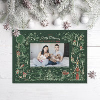 Illustrated Little Town Winter Scene Green Photo