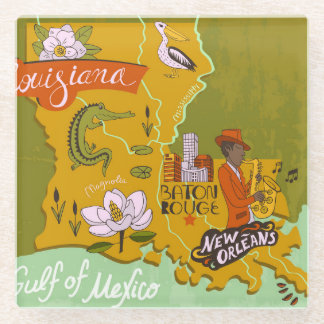 Illustrated Louisiana map: travel highlights. Glass Coaster