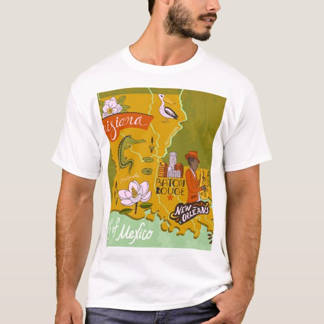 Illustrated Louisiana map: travel highlights. T-Shirt (Front)