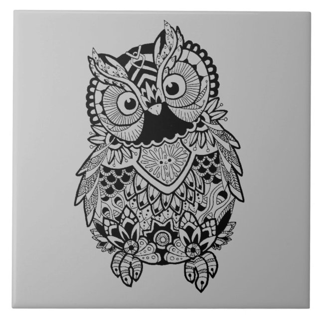 Illustrated Mandala Owl Ceramic Tile (Front)