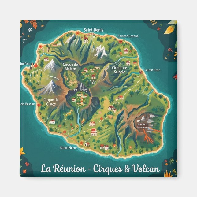 Illustrated Map La Réunion – Cirques & Volcano Magnet (Front)