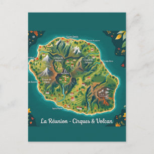 Illustrated Map La Réunion – Cirques & Volcano Postcard