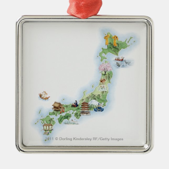Illustrated map of ancient Japan Metal Tree Decoration (Front)