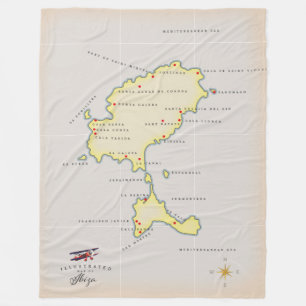 Illustrated map of Ibiza Fleece Blanket