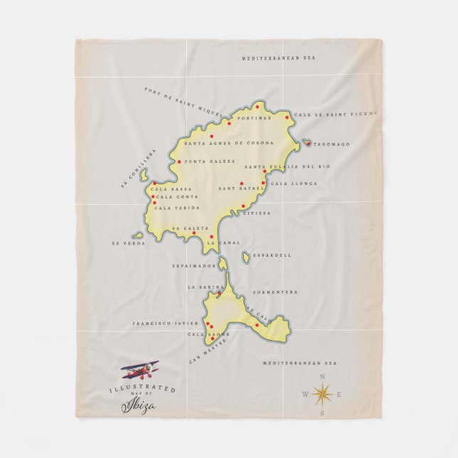 Illustrated map of Ibiza Fleece Blanket (Front)