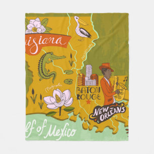 Illustrated map of Louisiana, USA. Travel and attr Fleece Blanket