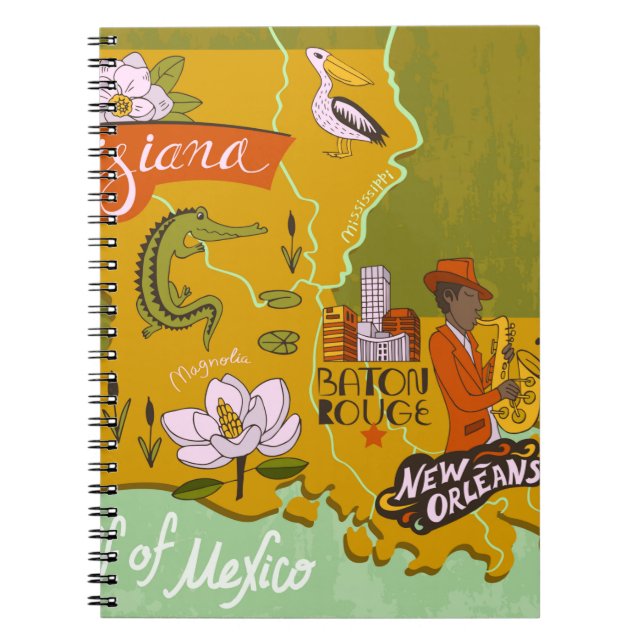 Illustrated map of Louisiana, USA. Travel and attr Notebook (Front)