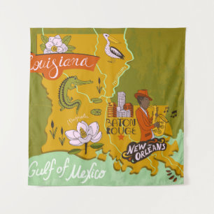 Illustrated map of Louisiana, USA. Travel and attr Tapestry