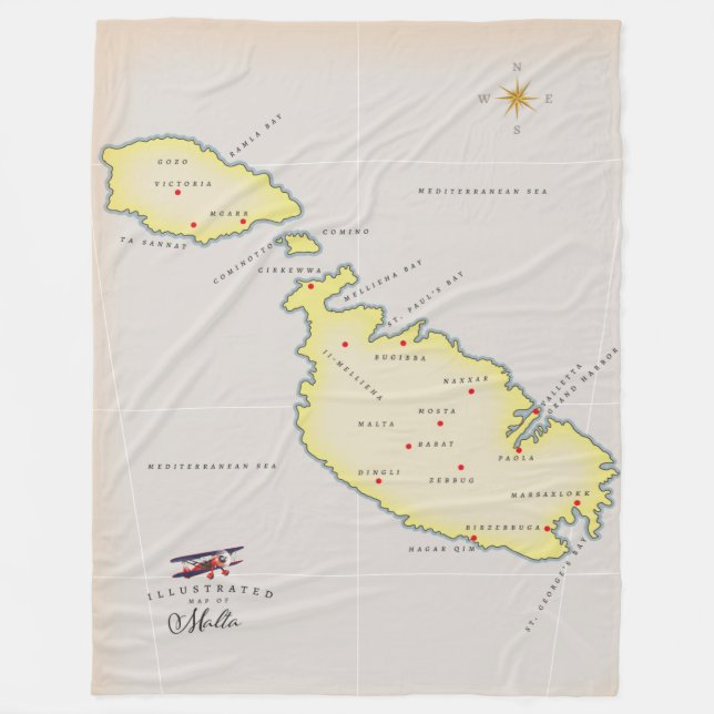 Illustrated map of Malta Fleece Blanket (Front)