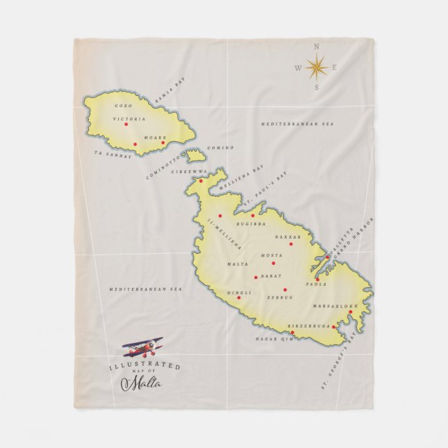 Illustrated map of Malta Fleece Blanket (Front)