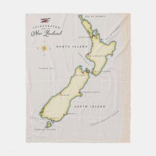 Illustrated map of New Zealand Fleece Blanket