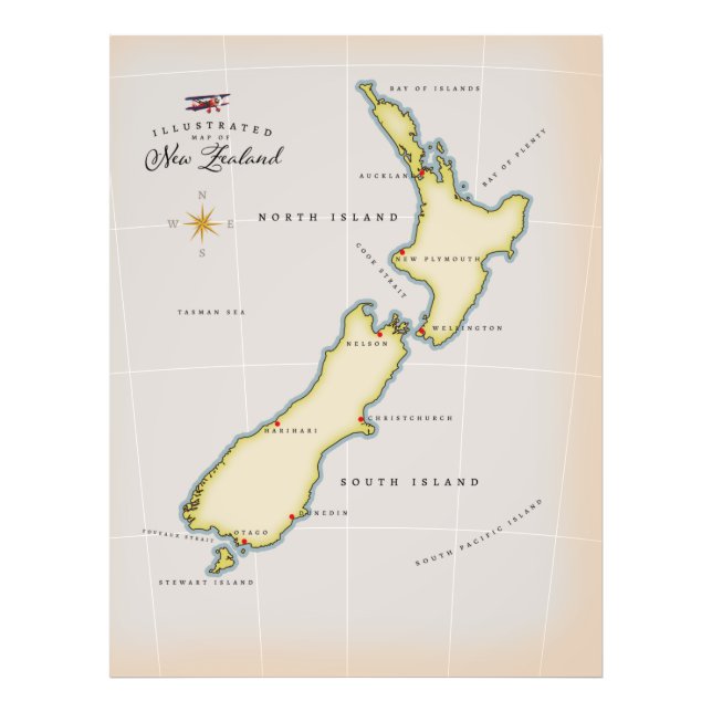 Illustrated map of New Zealand Photo Print (Front)