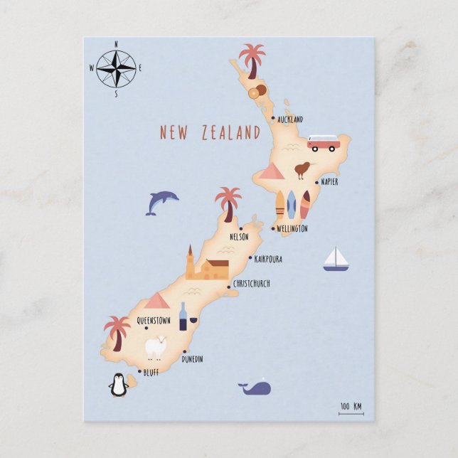 Illustrated map of New Zealand Postcard (Front)