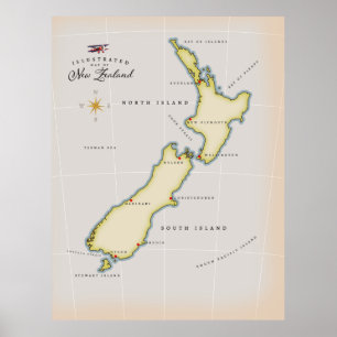 Illustrated map of New Zealand Poster