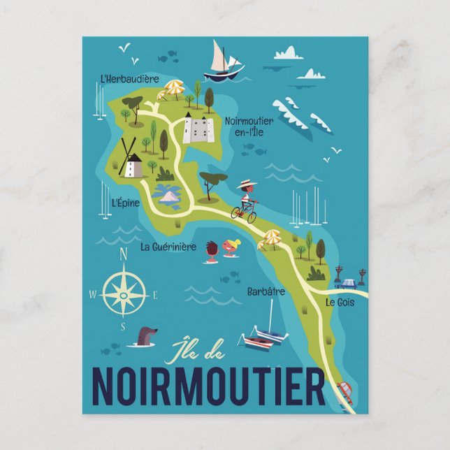 Illustrated Map of Noirmoutier Island Postcard (Front)