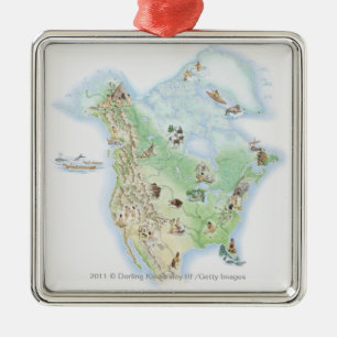 Illustrated map of North America Metal Ornament