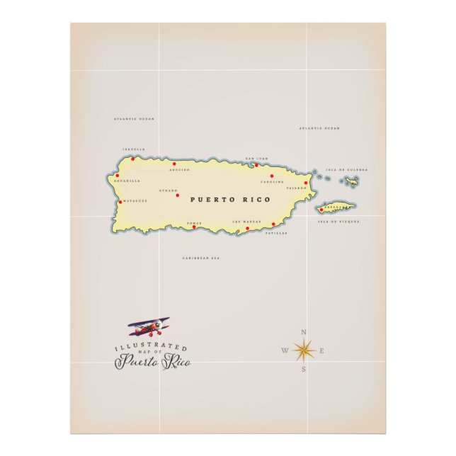 Illustrated map of Puerto Rico. Photo Print (Front)
