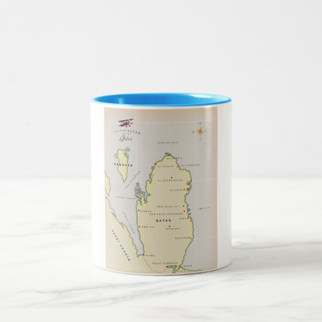 Illustrated map of Qatar Two-Tone Coffee Mug (Center)