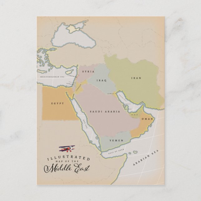 Illustrated map of the Middle East. Postcard (Front)