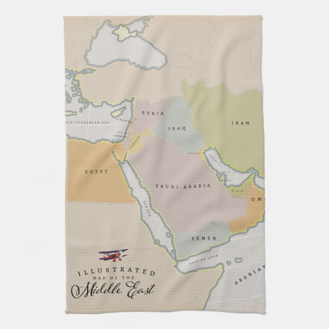 Illustrated map of the Middle East. Tea Towel (Vertical)