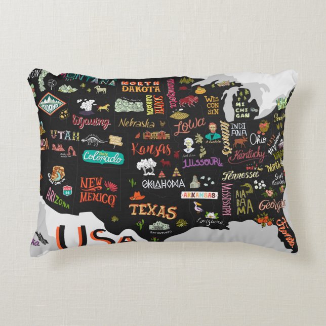 Illustrated map of the USA. Poster with states and Decorative Cushion (Front)