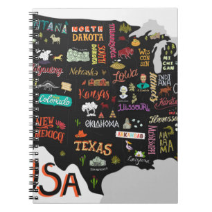Illustrated map of the USA. Poster with states and Notebook