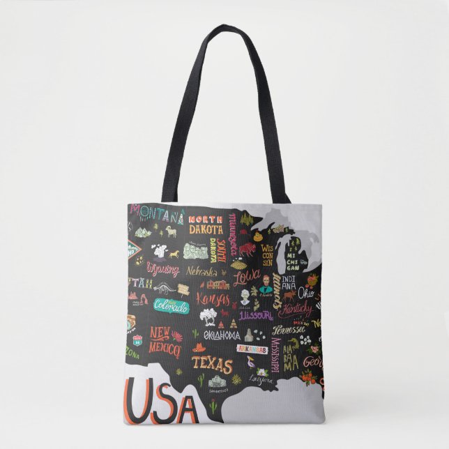 Illustrated map of the USA. Poster with states and Tote Bag (Front)